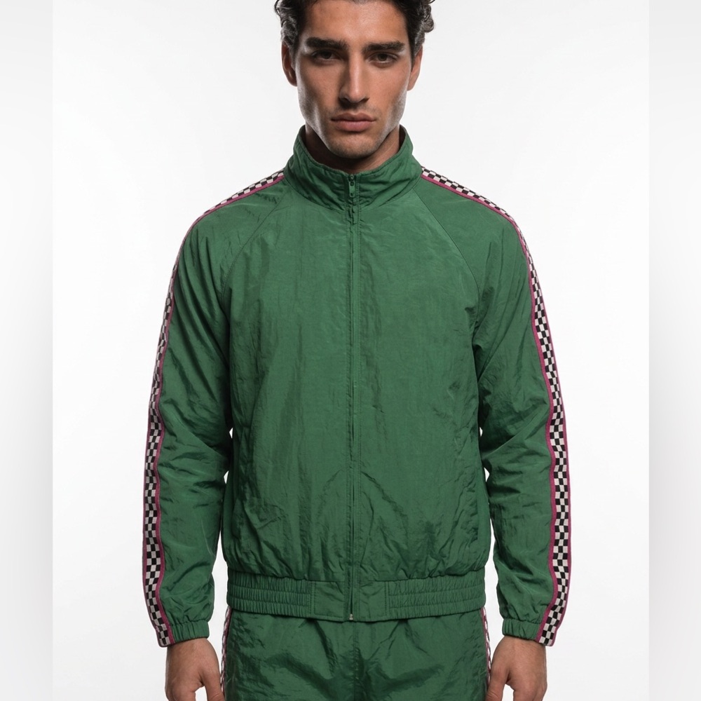 ⚡ Urban Outfitters Track Jacket | Green Checkered Stripe Racer Style |‎ Men’s L